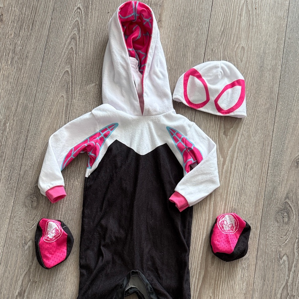 Ghost Spider Gwen -Toddler costume with beanie and feet covers.
